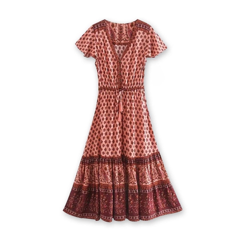 Bohme Coral and Burgundy Maxi Dress